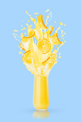Orange juice in drinking glass with levitate, orange pieces, drops, flows, splashes of juice on...