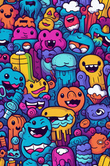Colorful, cartoon doodle pattern featuring a variety of whimsical creatures, all with happy expressions. They are arranged in a chaotic, overlapping fashion.