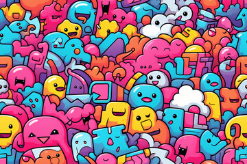 Fototapeta premium Seamless pattern of colorful cartoon characters with various shapes and expressions in a doodle style.