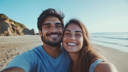 Obraz premium Smiling duo's seaside selfie.