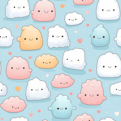 Seamless pattern of cute cartoon clouds with happy faces and pink hearts on a light blue background.
