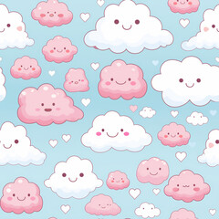 Seamless pattern of cute cartoon clouds with happy faces on a light blue background with scattered white hearts.