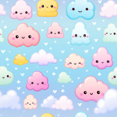 Seamless pattern of cute cartoon clouds with happy faces on a blue sky background with white stars.