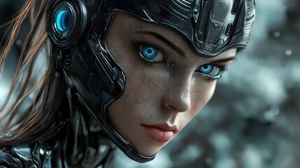 Futuristic Cyborg Woman with Glowing Blue Eyes