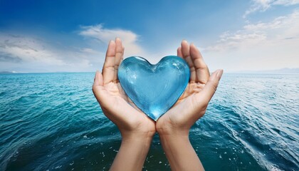 Blue water heart in hands by the ocean. Earth day concept. Protecting drinking water and sea life. Love for sea