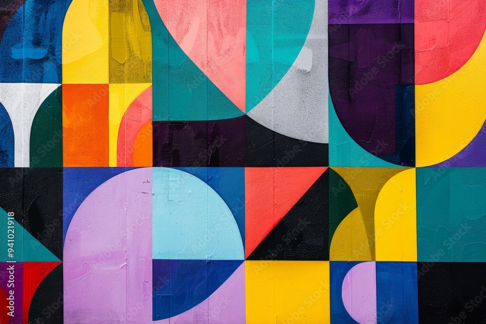 Poster an abstract artwork filled with an array of colorful shapes, creating a lively and imaginative atmos