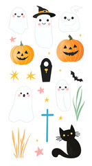 Naklejka premium Adorable Halloween Elements Illustration Set: Pumpkins, Ghosts, and Black Cat