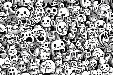 Seamless pattern of cute doodle creatures in black and white.