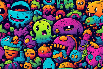 Seamless pattern of cute colorful cartoon monsters with big eyes, funny faces and different shapes.