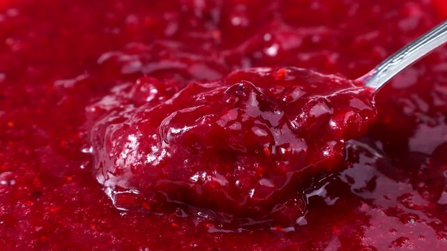 Bright red cranberry sauce spreading and taking with a spoon close up