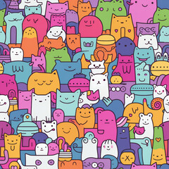 Seamless pattern with colorful cartoon cats.