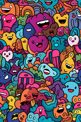 Seamless pattern with colorful cartoon doodles, featuring various happy faces, hearts, and abstract shapes.