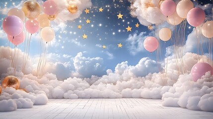 Dreamy Wedding Stage with Clouds and Stars, and Floating Balloons