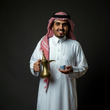 Saudi man holding dallah and pours Arabic coffee to guests in guest room
