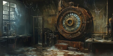 Fototapeta premium Rusty, abandoned industrial room with machinery.