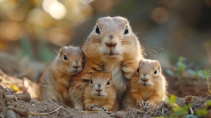Mother prairie dog with her young pups in a burrow. Small brown furry rodents in the wild.