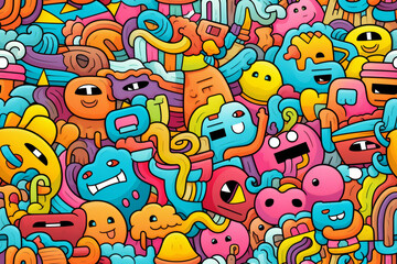 Seamless pattern with colorful doodle monsters, abstract shapes and elements.