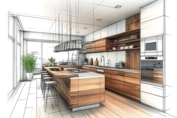 Stylish kitchen interior with modern Combination of photo and sketch