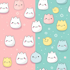 Seamless pattern with cute cartoon cats in various colors and pink and green background.