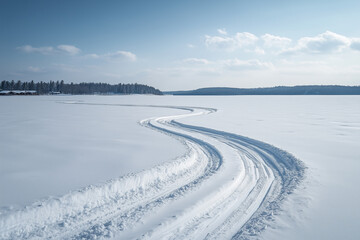 Obraz premium Thrilling Snowmobile Trails Curving Across a Frozen Lake