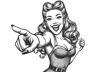Fototapeta premium cheerful woman with curled hair smiling and pointing her finger directly at the viewer in playful manner sketch engraving generative ai fictional character raster illustration. Black and white image