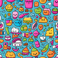 Seamless pattern with cute cartoon characters, food, and objects on blue background.