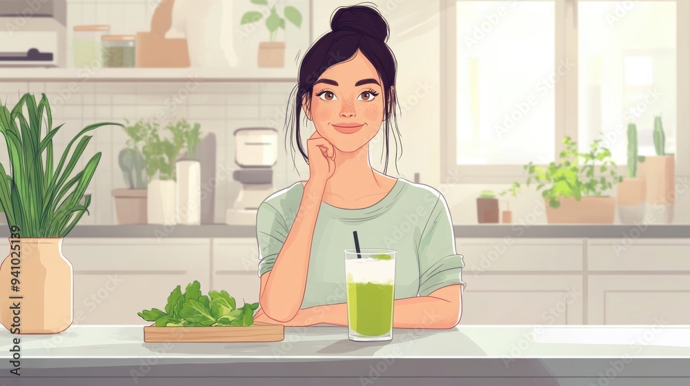 Canvas Prints A cartoon woman sitting at a counter with green drink in front of her, AI