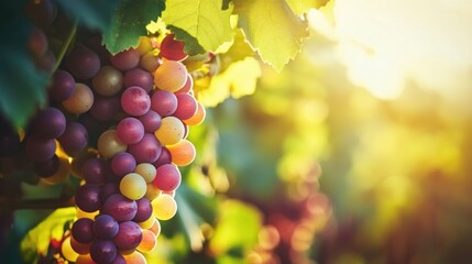 Fototapeta premium Close-up of Grape Bunch Hanging from Vine in Sunlight