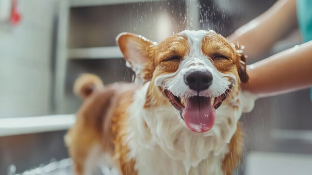Pet grooming service team washing a happy dog in animal salon.