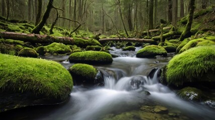 Naklejka premium Forest stream on mossy rock, isolated on white