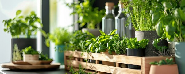 Obraz premium A Fresh Herb Garden Designed for Vegetarian Cooking Showcasing Clean Lines and Ample Space, Perfect for High-Resolution Visuals of Culinary Delights.