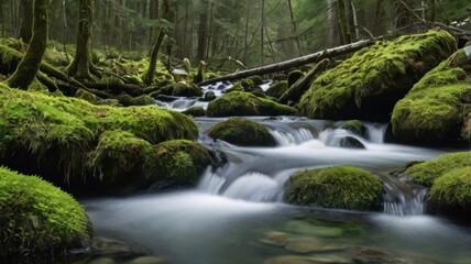 Obraz premium Forest stream over mossy rock, white background