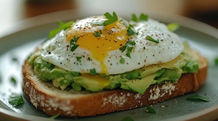 Delicious Avocado Toast with Sunny Side Up Egg and Fresh Herbs on Rustic Bread