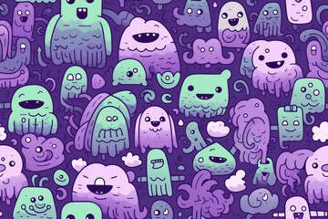Seamless pattern with cute cartoon monsters in green and purple colors on a dark purple background.