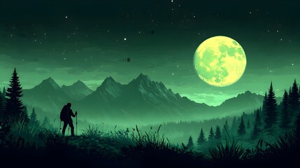 Hiker Captivated by the Serene Nightfall Wilderness Under the Luminous Moon