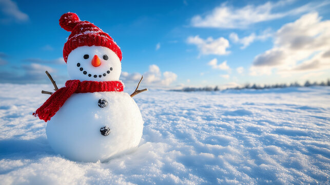 Funny snowman with red hat and red scarf on snowy field against bright blue sky with copy space.