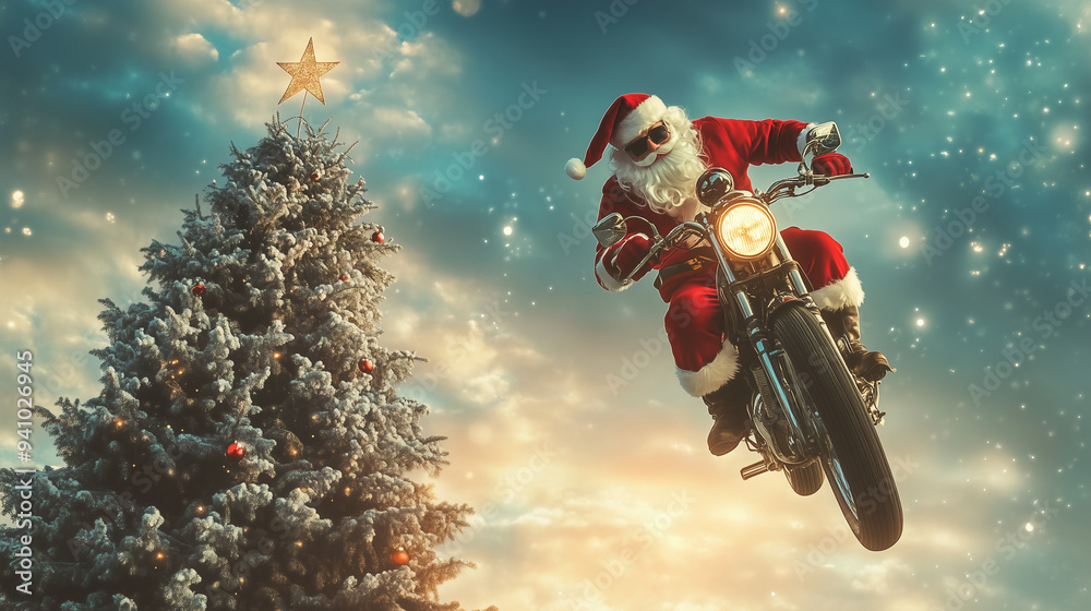 Wall mural decorated christmas tree and modern santa claus flying in the sky on a motorcycle, christmas backgro