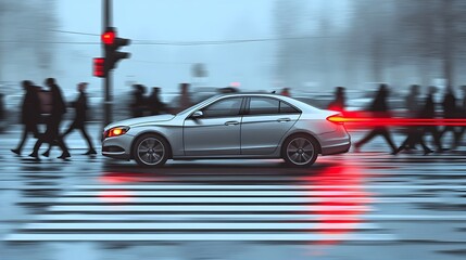 Obraz premium Car Speeding Through Red Light Amid Pedestrians Crossing City Street