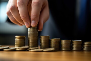 Businessman placing a stack of coins on a table