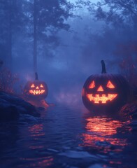 Naklejka premium Halloween night safari in a misty and creepy wilderness