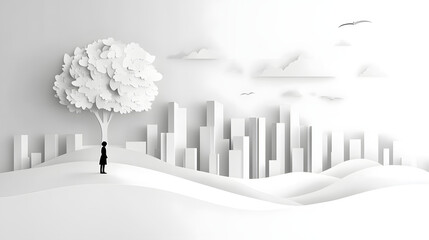 The person who knows. Tree, Achieve sustainable growth, World Environment Day. White eco urban city and nature landscape background paper art style.