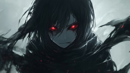 anime style gothic sinister villain with red glowing eyes on dark smoke background