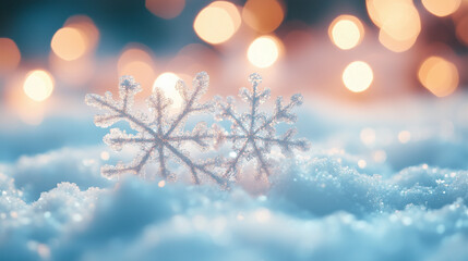 Snowflakes on snow with bokeh in the background.