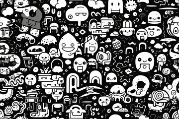 Seamless pattern with cute doodle characters, abstract shapes, and simple lines.