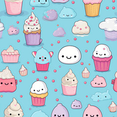 Seamless pattern with cute cupcakes, clouds, and sprinkles on a light blue background.