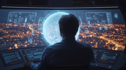 Technician Monitors City Network via Futuristic Control Panel