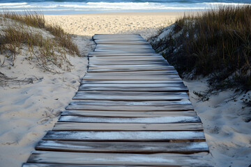 Obraz premium Scenic Boardwalk Journey Along the Beach Leading to the Horizon