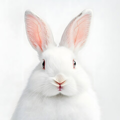 Obraz premium A close-up of a white rabbit with pink ears, staring directly at the camera.