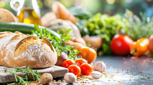 A beautifully crafted artisan whole-grain bread loaf nestled among fresh vegetables with a soft-focus backdrop, ideal for showcasing messages or promotions in high resolution. - Powered by Adobe