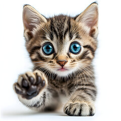 Obraz premium A cute tabby kitten with bright blue eyes reaches out a paw toward the camera.